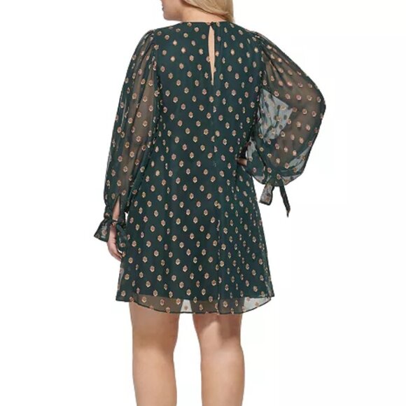 Calvin Klein Green & Metallic Gold Pattern Tie-Cuff Shift Dress Sz 10 NWT - Picture 3 of 13